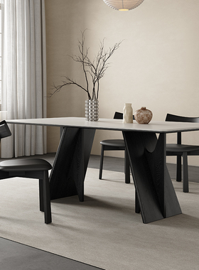 黑色实木餐桌家用小户型长方形饭桌轻奢简约创意复古纯白岩板餐桌