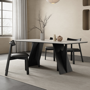 黑色实木餐桌家用小户型长方形饭桌轻奢简约创意复古纯白岩板餐桌