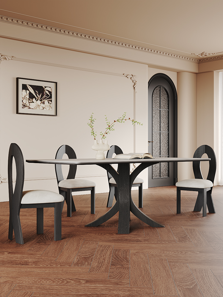 长方形实木餐桌黑色全托底板家用意式极简岩板餐桌轻奢现代简约