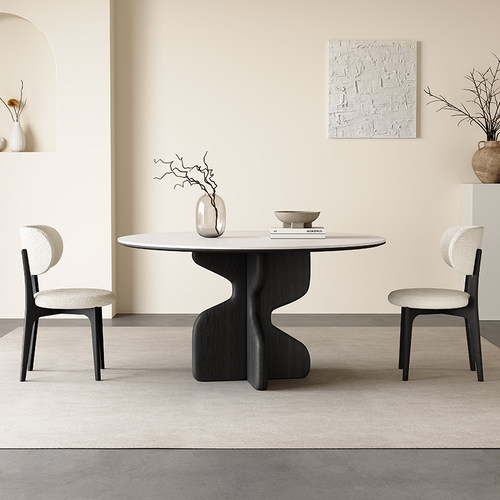 带转盘白蜡木实木岩板餐桌圆形