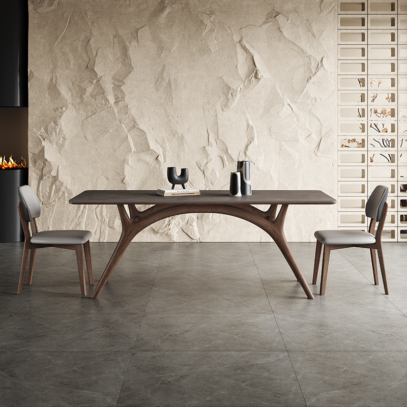 胡桃色岩板实木白蜡木餐桌