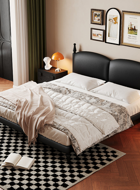 黑色真皮床法式复古风轻奢卧室家用齐边皮床软包实木双人主卧大床