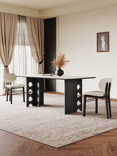 黑色全实木餐桌 小公寓法式 覆古风格 石板餐桌长方形家庭现代简单