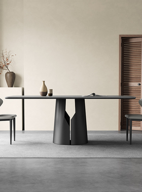 灰色哑光岩板餐桌意式极简现代简约高端家用小户型长方形全托餐桌