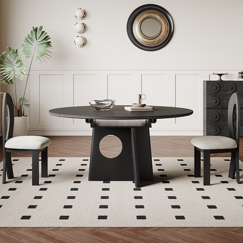 黑色伸缩复古风实木岩板餐桌