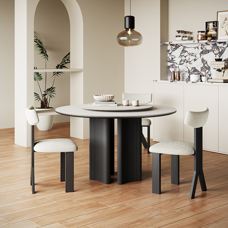 圆餐桌带转盘意式轻奢法式复古风家用小户型实木岩板省空间餐桌