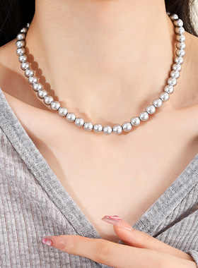 轻奢小香风银灰色珍珠项百搭高级感不掉色锁骨链2024新款