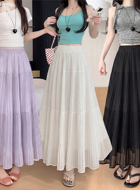 实拍 2026春夏新款压褶半身裙女高腰显瘦A字大摆伞裙百褶长裙