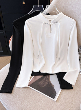 新中式国风棉质针织手工缠线流苏钉珠淑女气质保暖长袖T恤上衣