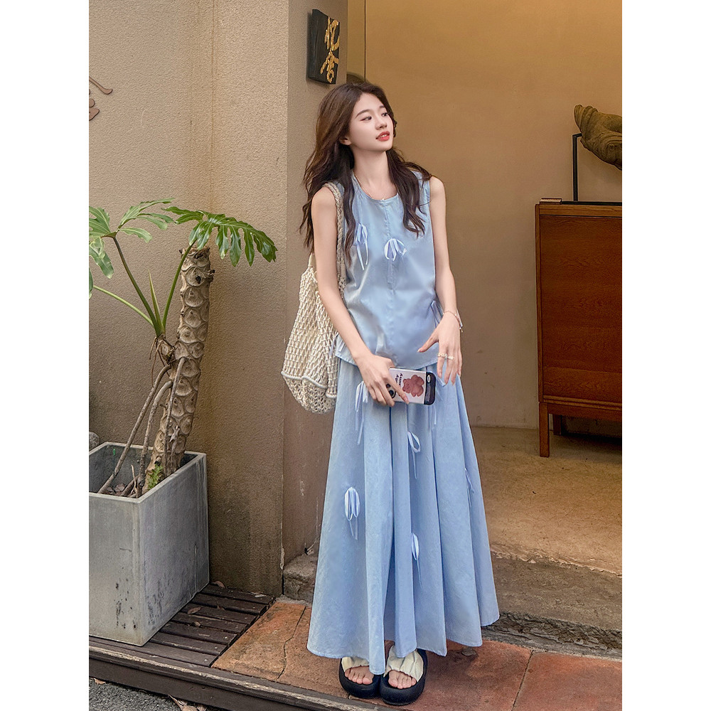 今年流行法式蝴蝶结蓝色无袖套装裙女夏装搭配一整套半身裙两件套