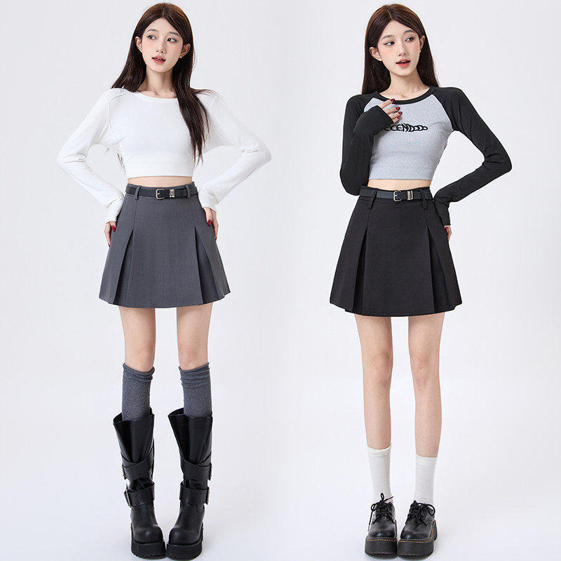 实拍灰色西装百褶半身裙女2026春夏新款高腰显瘦防走光A字短裙