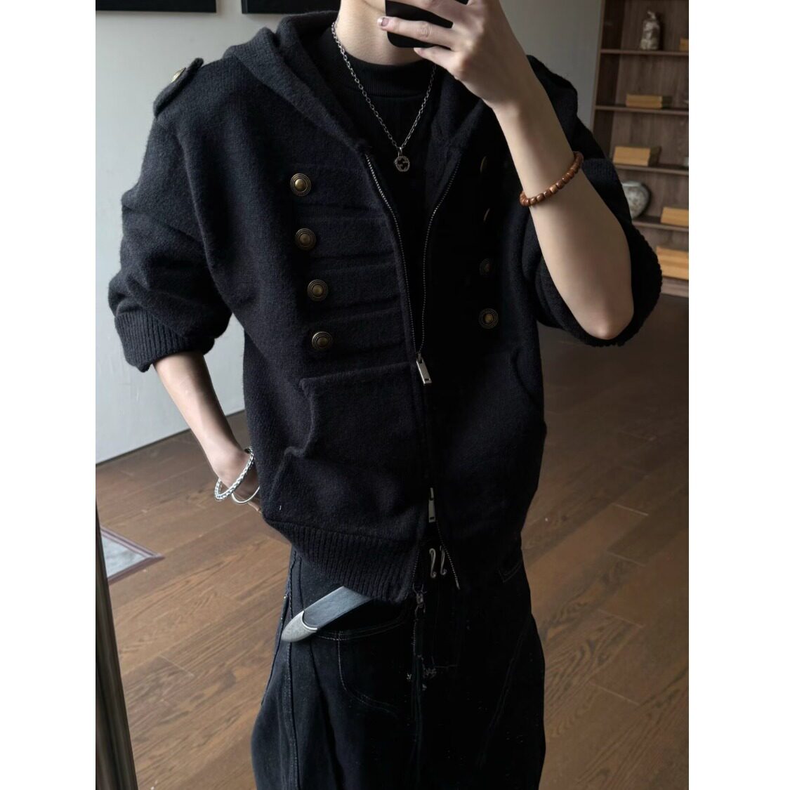 小香风灰色男士双拉链毛衣