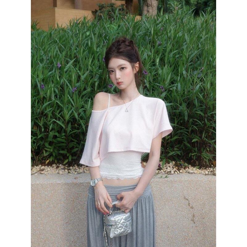 夏季新款韩版粉色斜肩短款T恤女叠穿蕾丝吊带背心短款上衣两件套