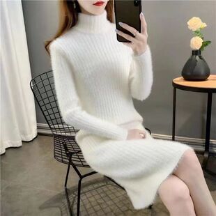 毛衣绒长款水貂过膝高领秋冬新款加厚修身针织打底连衣裙长款毛衣