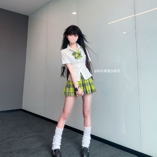 风吹麦香jk制服格裙收腰衬衫套装学院风短袖白色衬衣显瘦辣妹