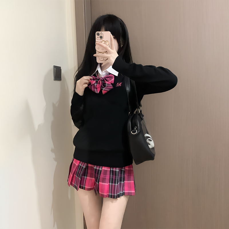 原创jk制服小玫套装女秋冬正版日系辣妹校供黑色针织衫格裙子全套