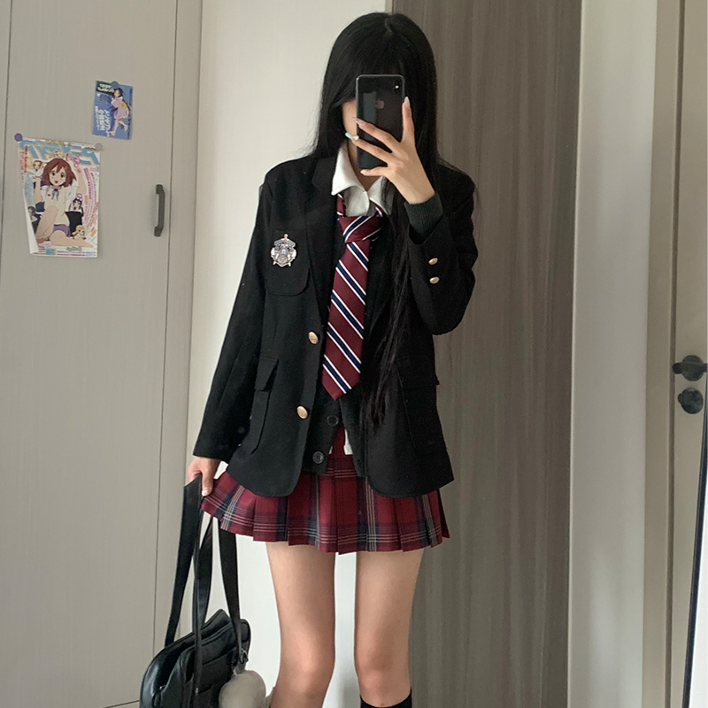 原创jk西服套装女秋冬款校供学院风制服百褶短裙子开衫西服一整套