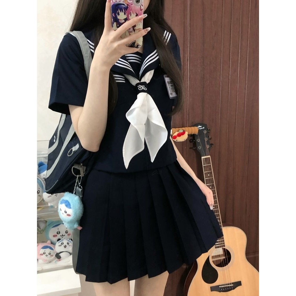 知半城jk制服原创日系学院风基础款绀色三本中间服不良水手服套装