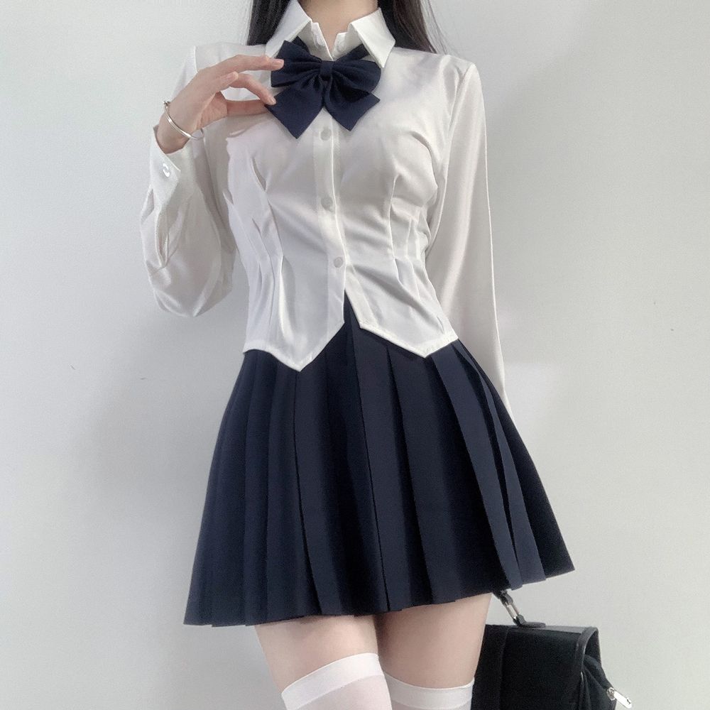 jk收腰衬衫纯欲风性感小个子长袖白色弹力内搭衬衫衬衫百褶裙套装