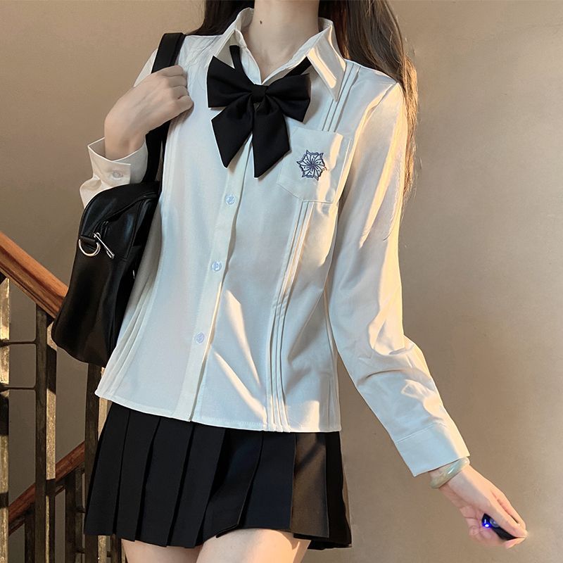 衬衫jk风琴褶短袖女原创泰国校服蓝色夏季制服套装长袖衬衣上衣