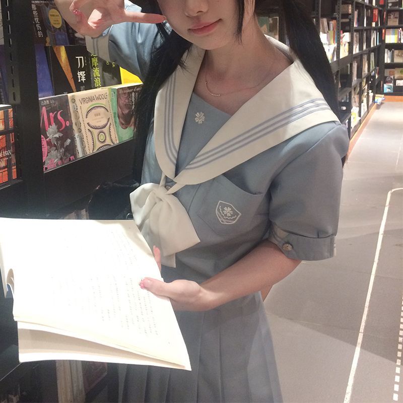【荔夏】山川原创jk水手服制服套装短袖上衣百搭薄荷灰蓝