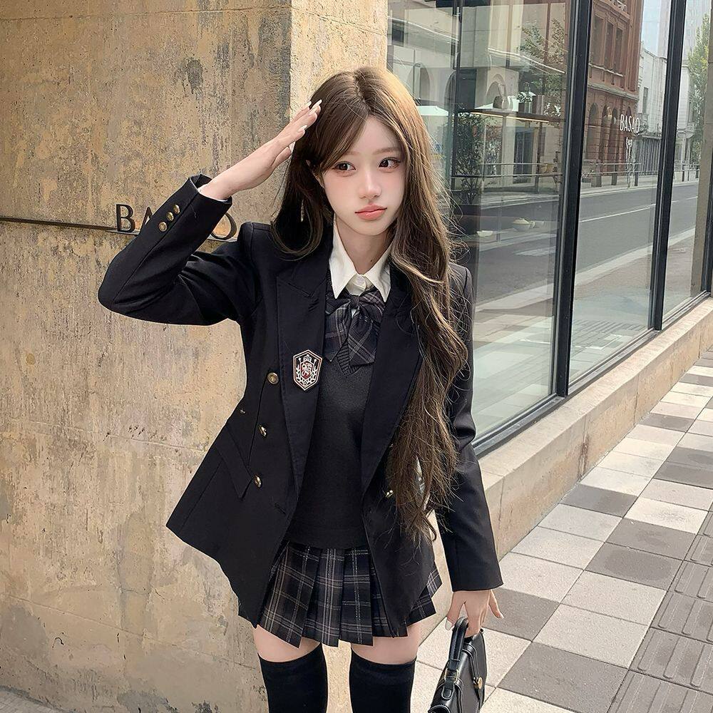 原创JK制服西装外套春秋季学生校供感甜美可爱收腰双排扣西装外套