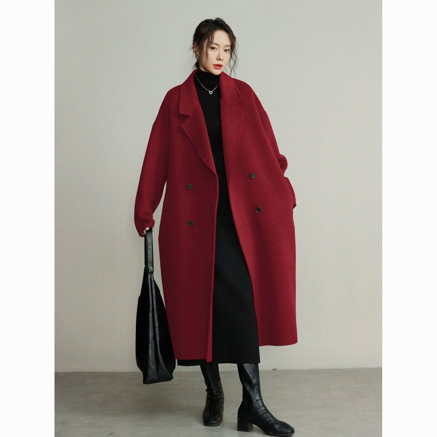 特米欣红色羽绒内胆大衣女2026秋冬新款高级感中长款加绒加厚毛呢