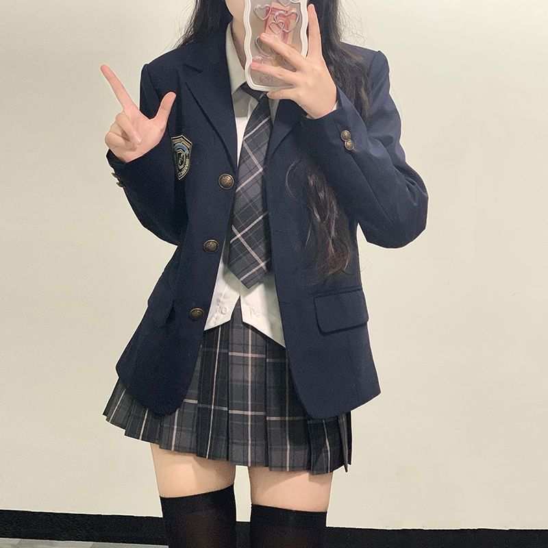 原创jk制服裙正版西装外套秋冬季新款学院风绀色西服套装三件套女