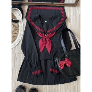 知半城日系学院风正版水手服套装黑红三本百褶裙校服夏季显白制服