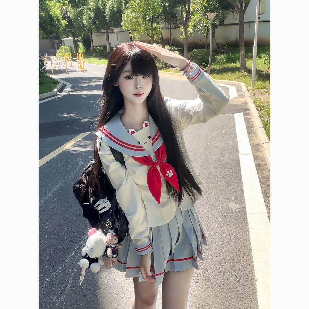 甜嗑原创正品【甜盐喵喵】JK制服水手服长袖刺绣套装收腰女学院风