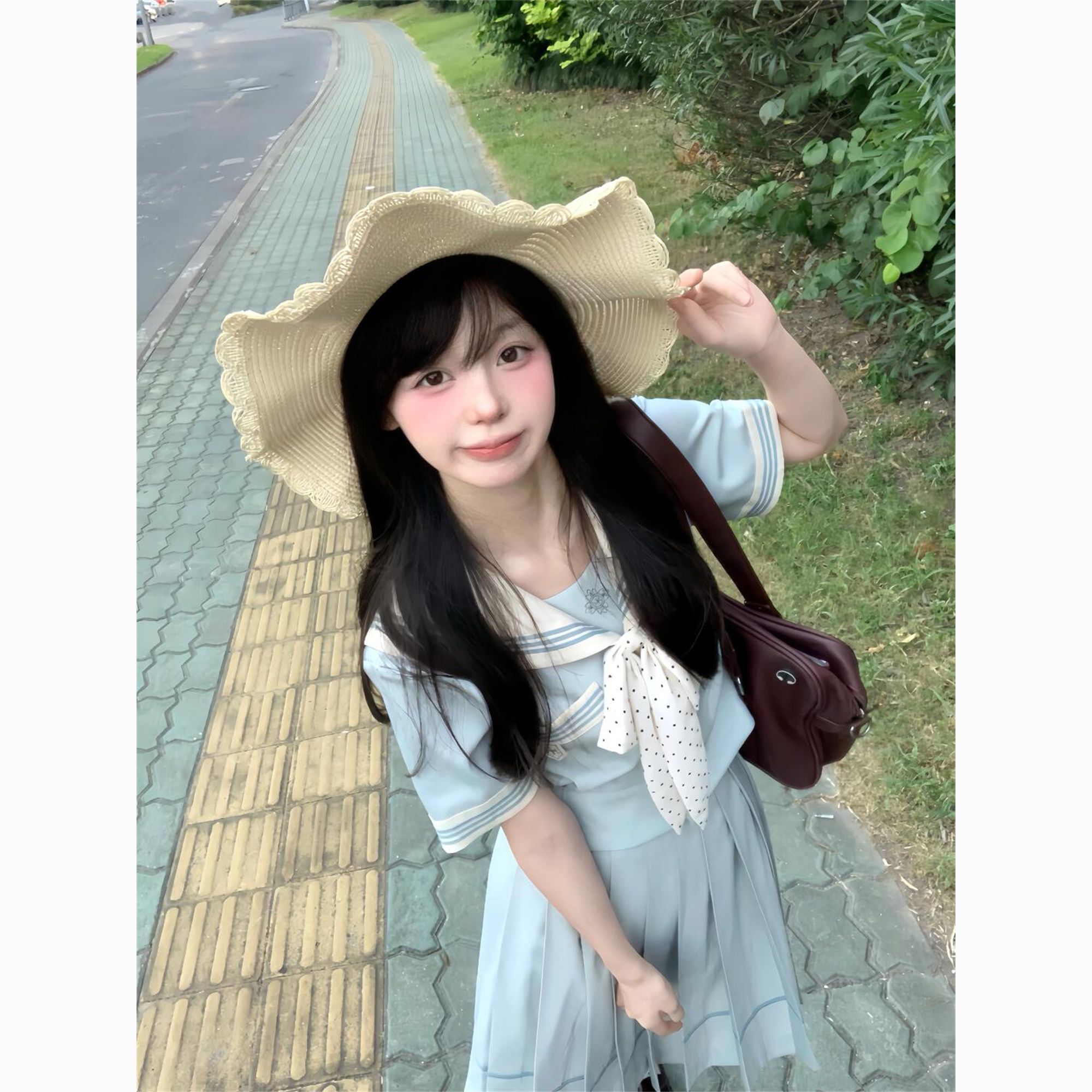 日系薄荷白巧抚蝶女子水手服短袖上衣学院风JK制服百褶裙套装女