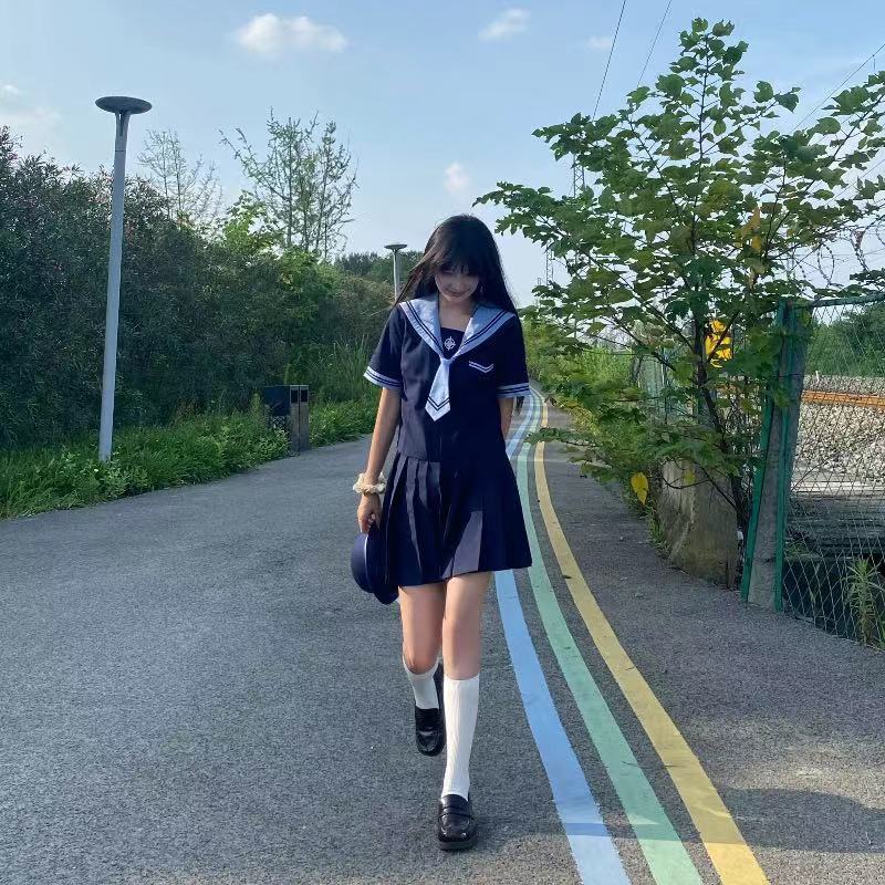 月入星河原创学院风海军领收腰短款短长袖衬衫水手服套装制服裙女