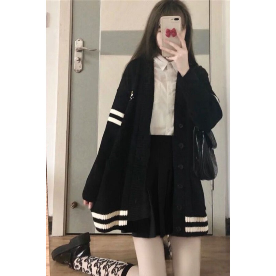 学院风条纹针织开衫外套女秋冬高级感毛衣长袖衬衫百褶裙三件套装