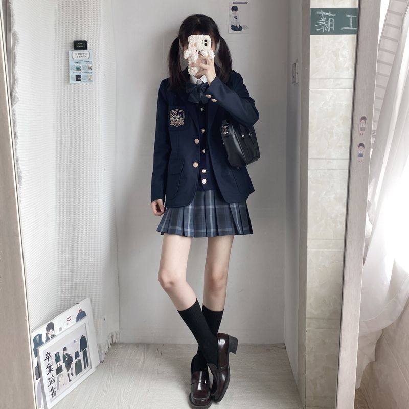 jk西服马甲套装原创西装两粒扣外套百褶裙秋冬jk毛衣制服套装女