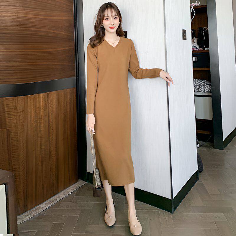v领气质长袖连衣裙女2026秋冬款纯棉修身显瘦中长款过膝打底长裙