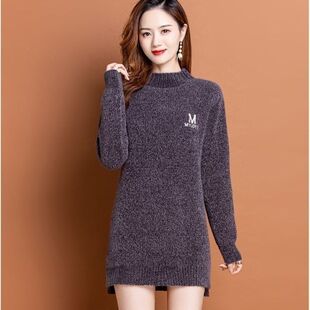 雪尼尔纯色刺绣仿水貂毛衣女新款秋冬加厚百搭洋气中长款打底衫