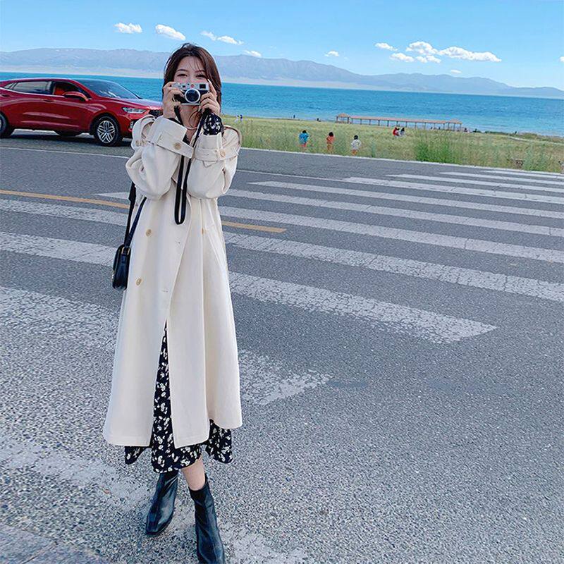 2026年流行中长款洋气英伦风衣外套女春秋休闲白色小个子西装大衣