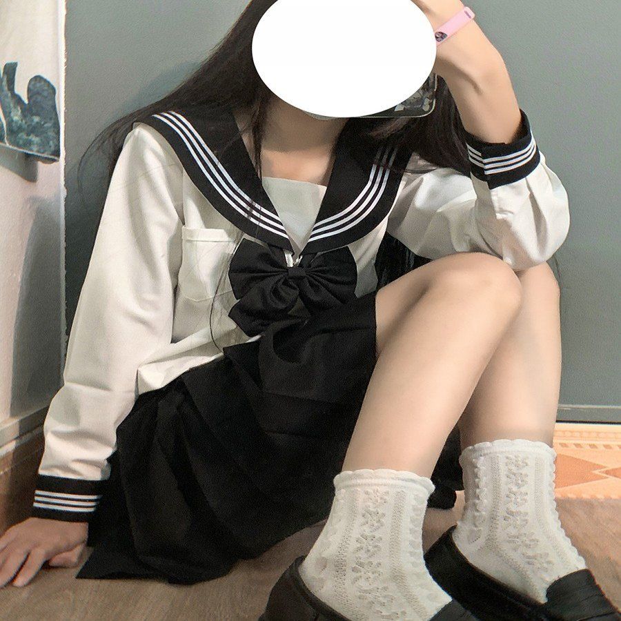 现货正统制服基础款黑身白三本水手服日系学院风秋冬百褶裙套装