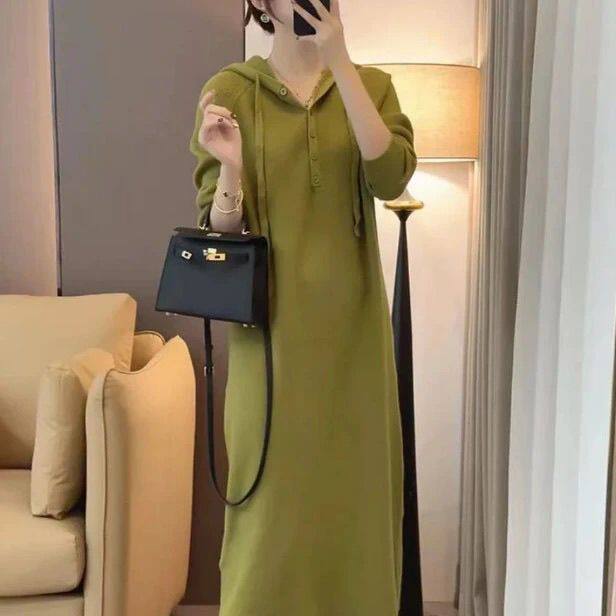 复古时尚洋气纯色减龄百搭直筒裙女春季新款休闲简约连帽针织裙潮