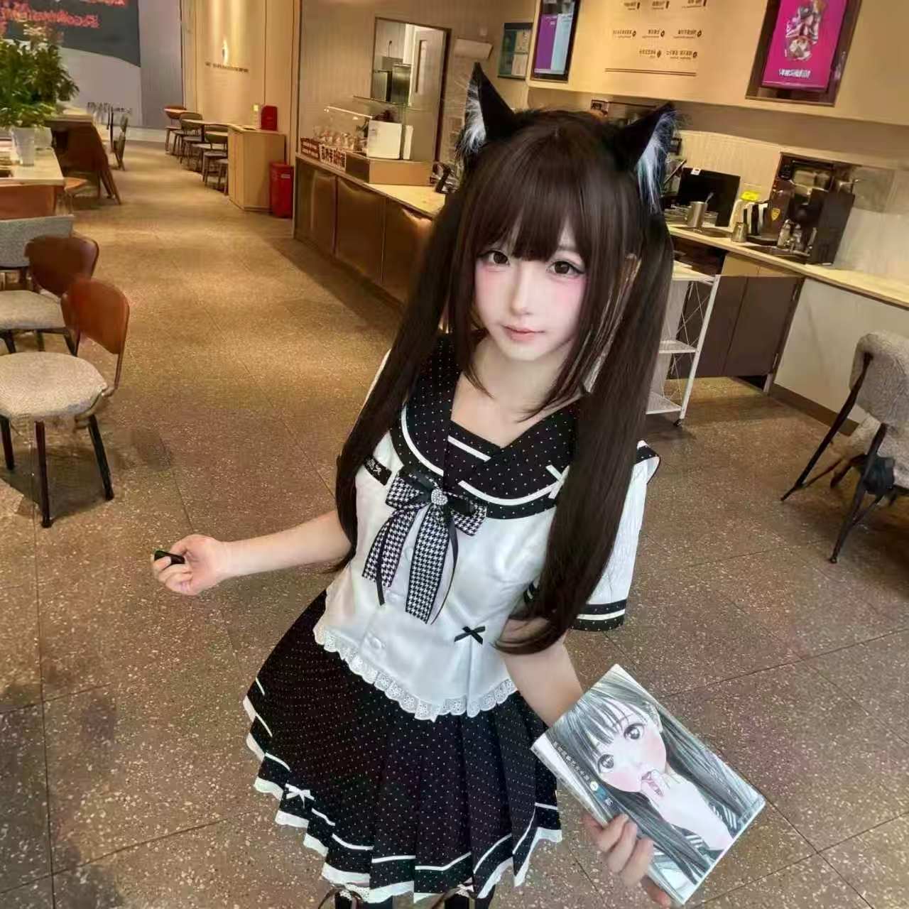 黑巧奶泡樱空社原创正版JK制服波点水手服长短裙校供收腰显瘦套装
