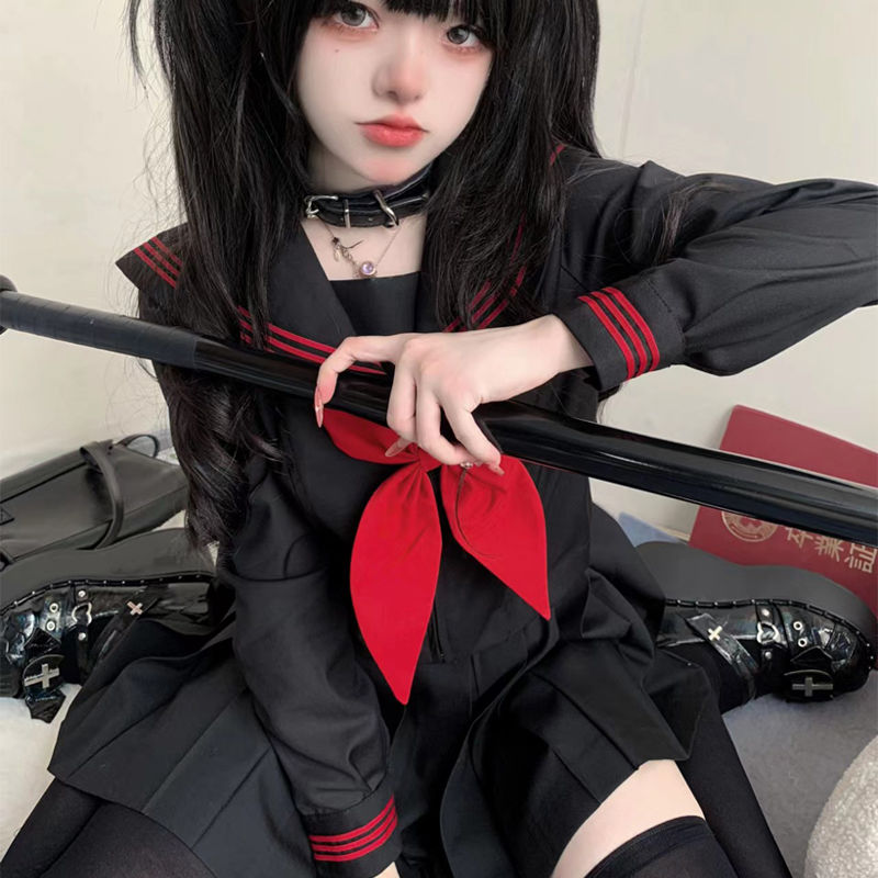 正品jk制服黑色赤红三本水手服基础款日系中间服学院风班服校服女