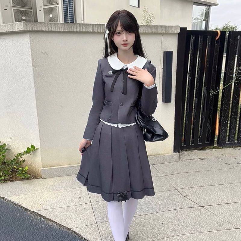 秋季新款原创jk小西装搭配圆领衬衫箱褶裙修身套装叠穿JK制服