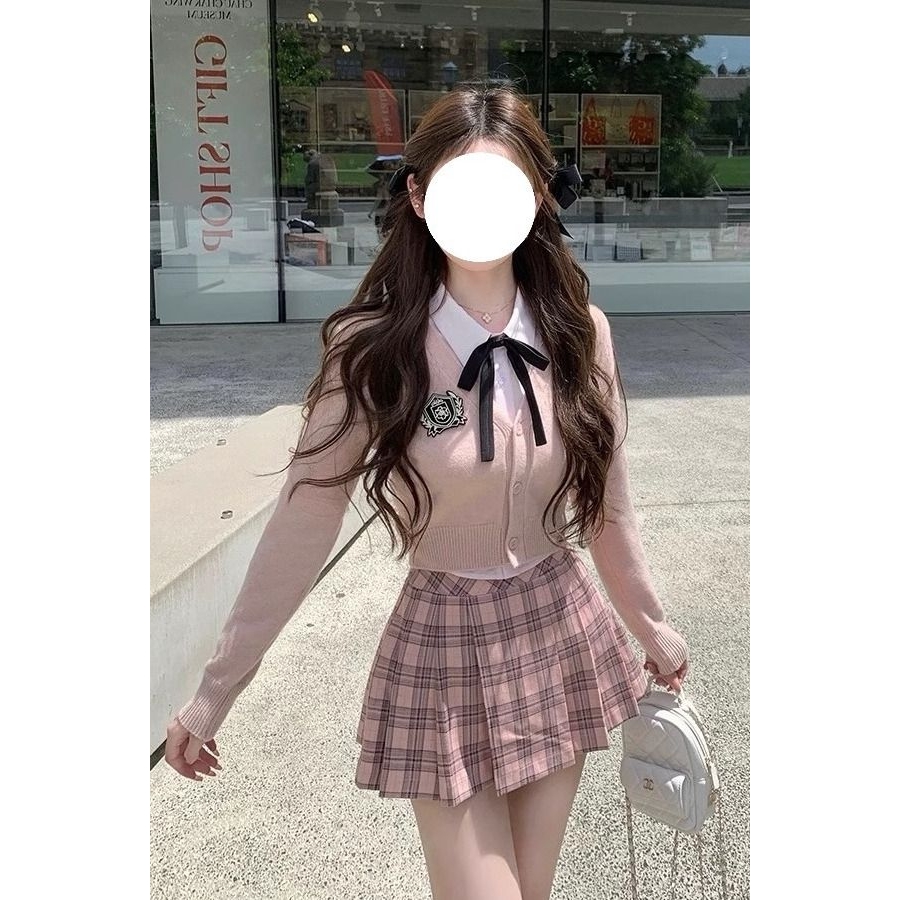 英伦学院风JK制服套装女秋冬新款针织开衫毛衣衬衫百褶裙三件套