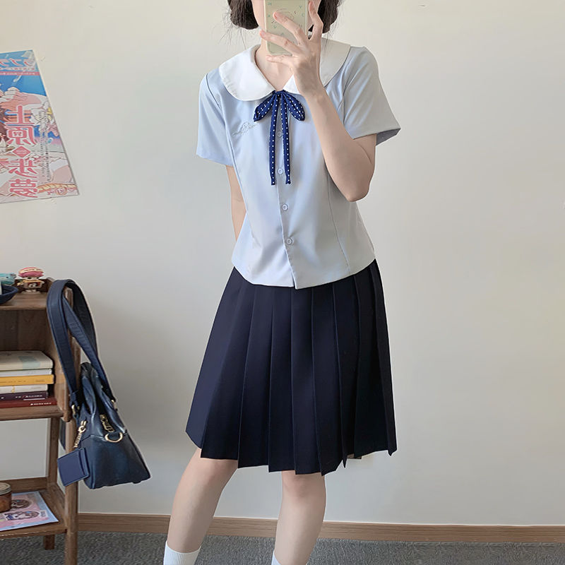 原创JK衬衫【澪月中】学院风修身短袖夏季女百褶裙甜美套装显瘦