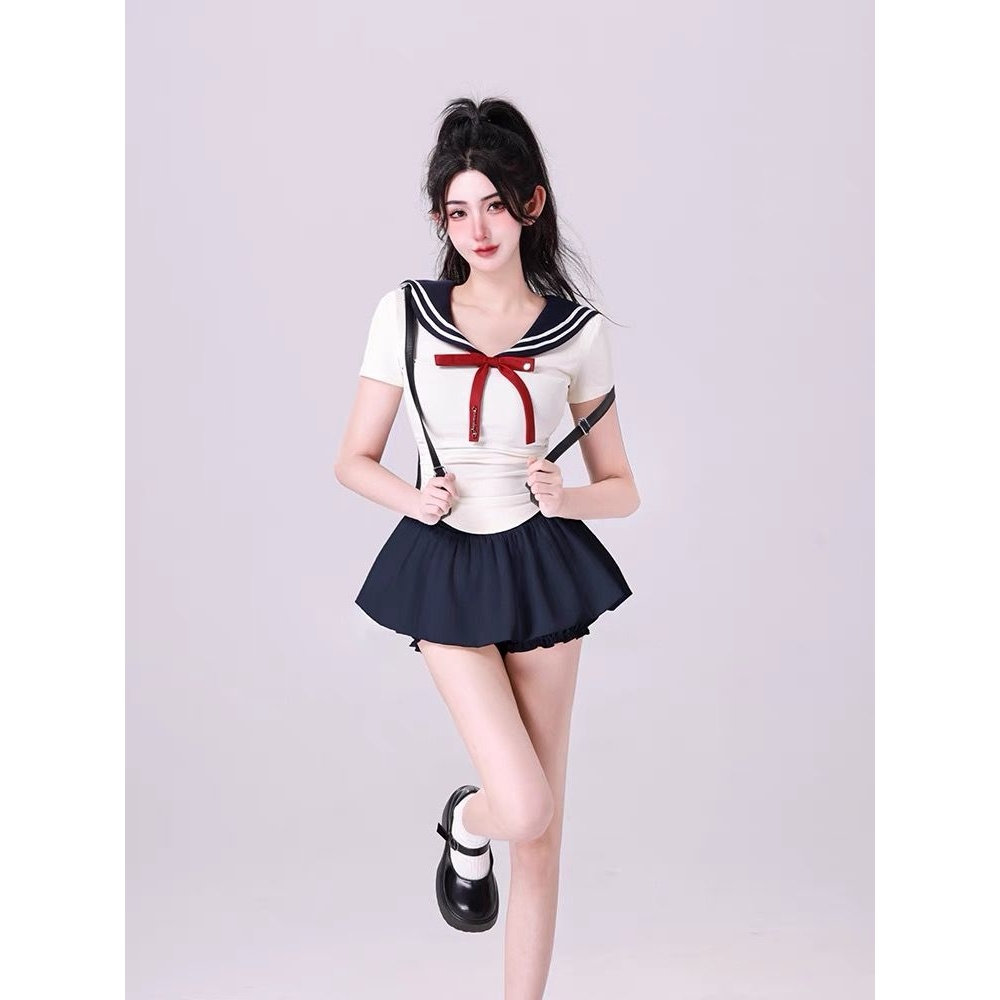 甜心学院风jk制服海军领修身短袖衬衫上衣女夏季辣妹蓬蓬短裙套装