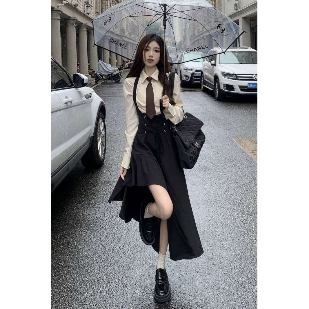 美式御姐学院风背带连衣裙女秋冬高级感衬衫JK制服套装职业两件套