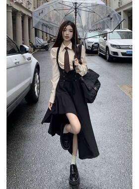 美式御姐学院风背带连衣裙女秋冬高级感衬衫JK制服套装职业两件套