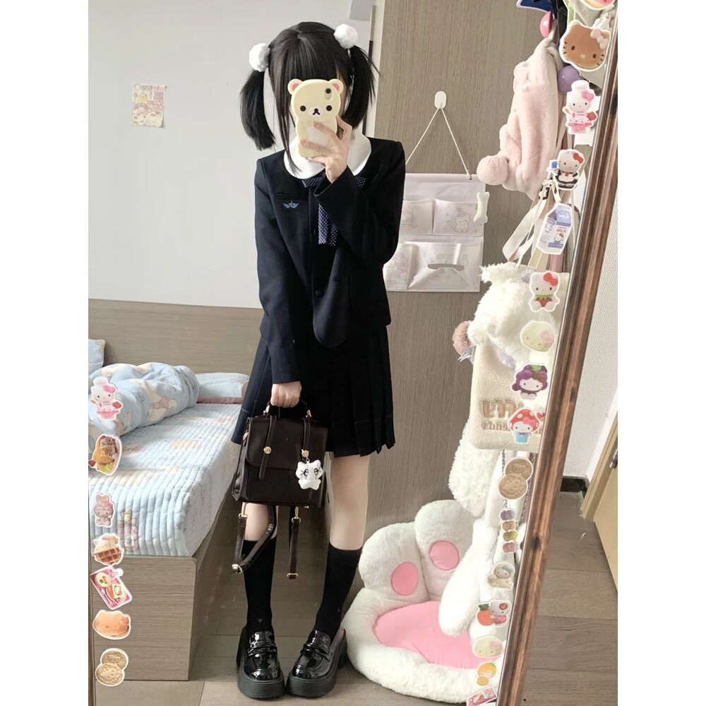 喵铃少女 西服jk制服套装春装新款圆领西装学院日系浓绀半裙套装