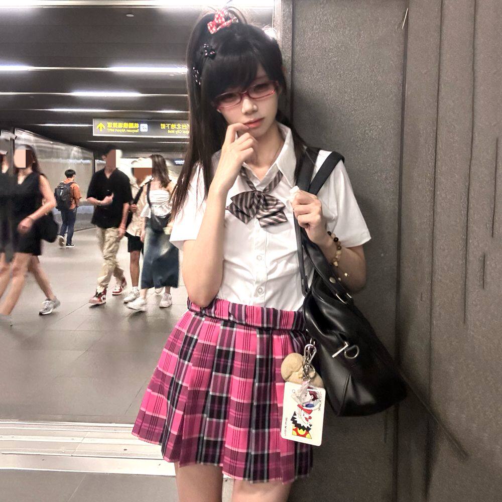 小玫/原创春夏校供感jk格裙学生a字半身裙学院风玫红百褶裙短裙