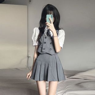 社会女套装JK网红快手同款学院风短马甲+百褶裙+领带短袖衬衫夏季